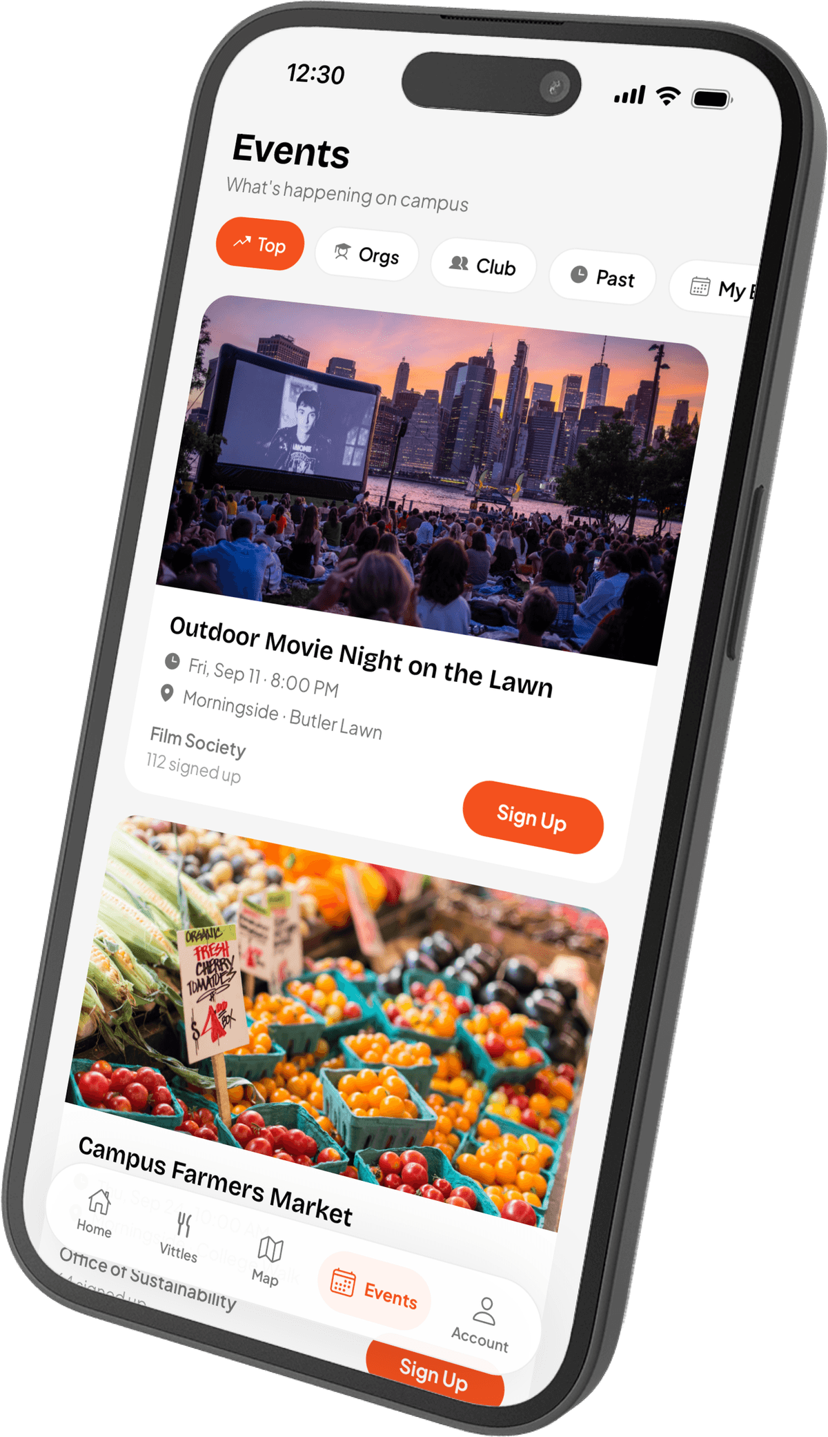 The campus events feed with sign-up buttons in the Vittles app