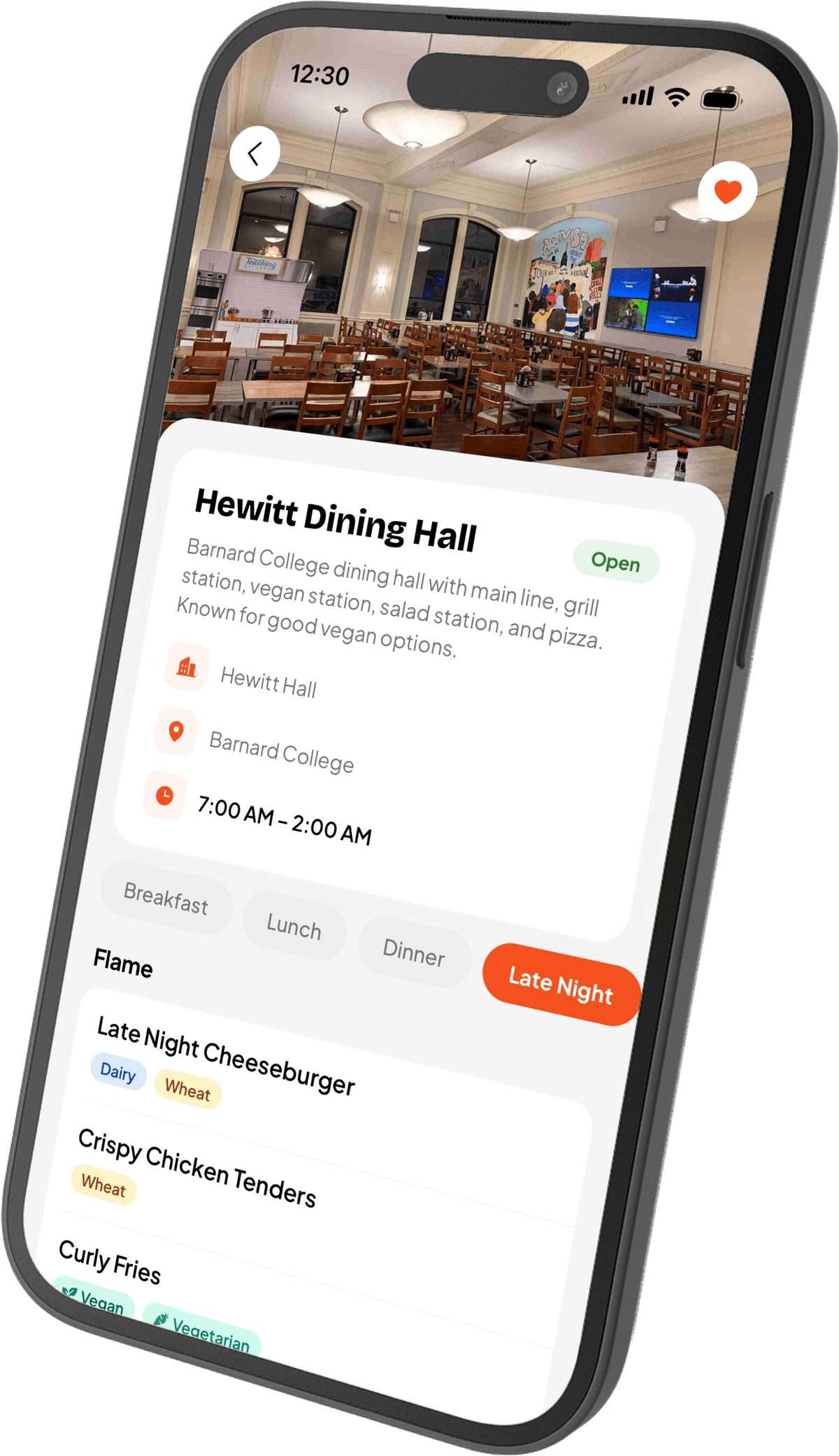 Today's menu by station at a dining hall in the Vittles app