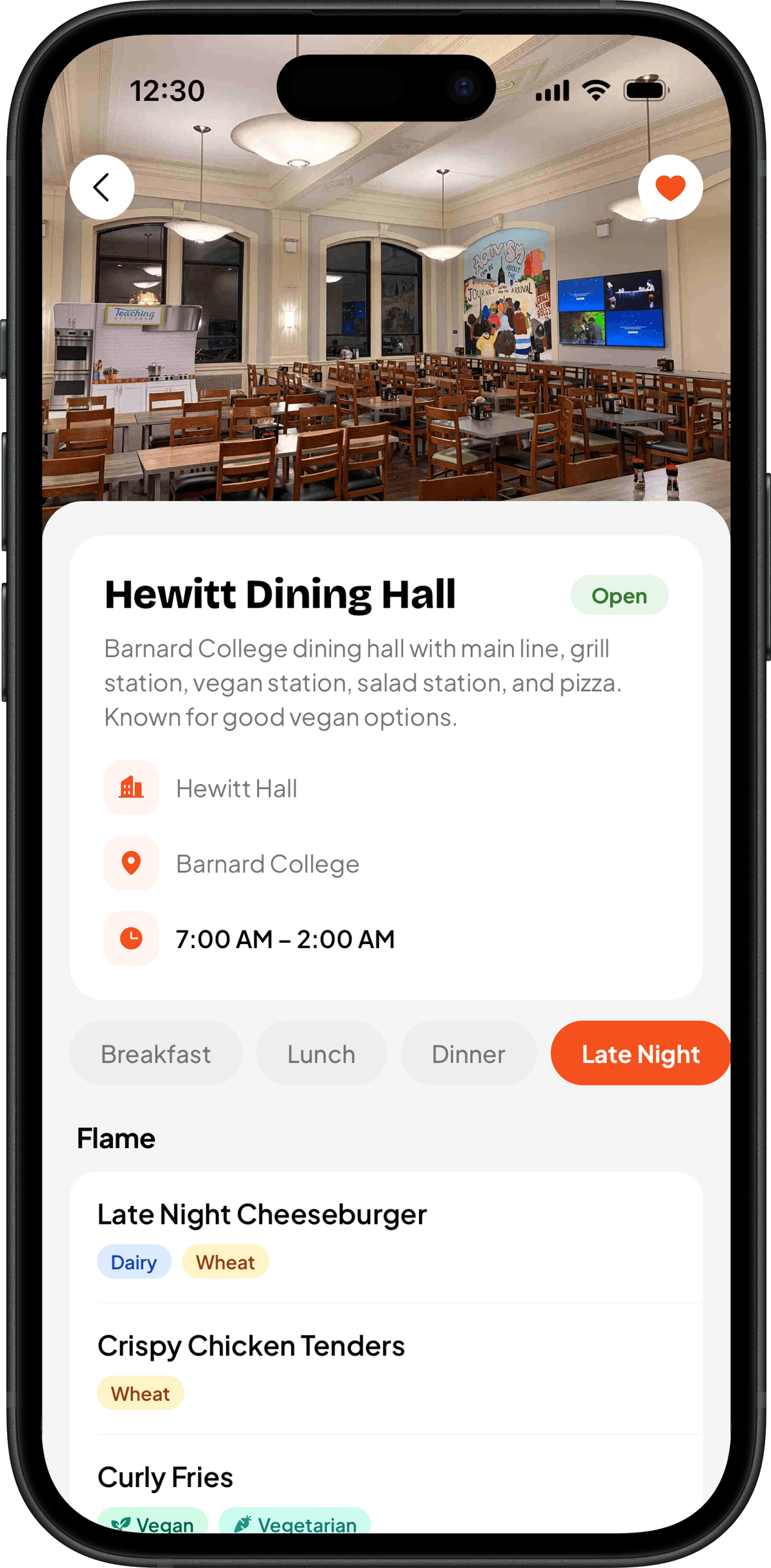 Today's menu at a dining hall in the Vittles app