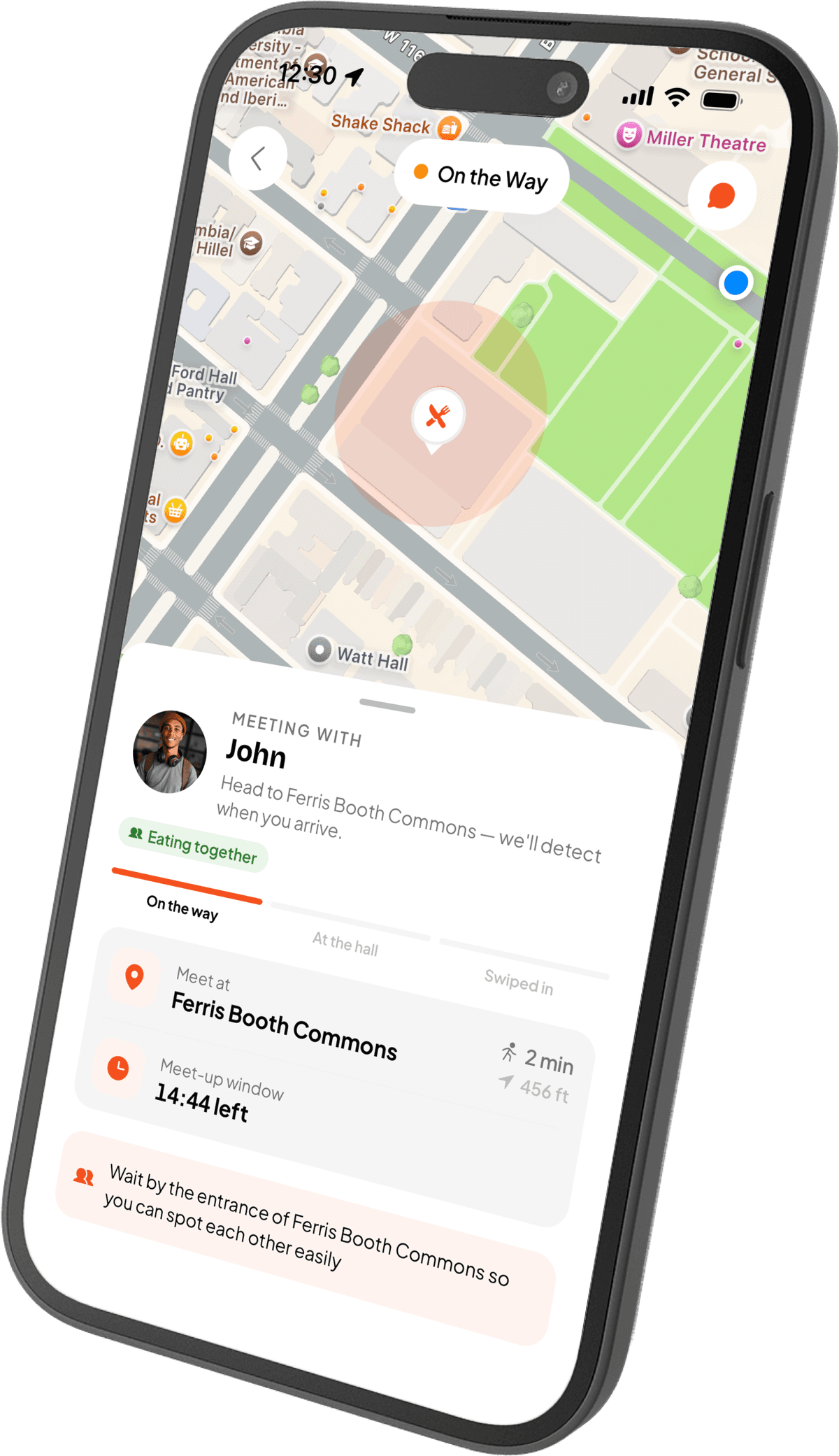 A live swipe match with meet-up code in the Vittles app
