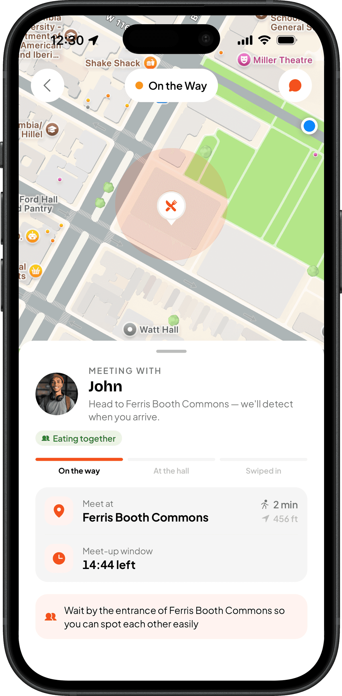 A live swipe match on the campus map in the Vittles app